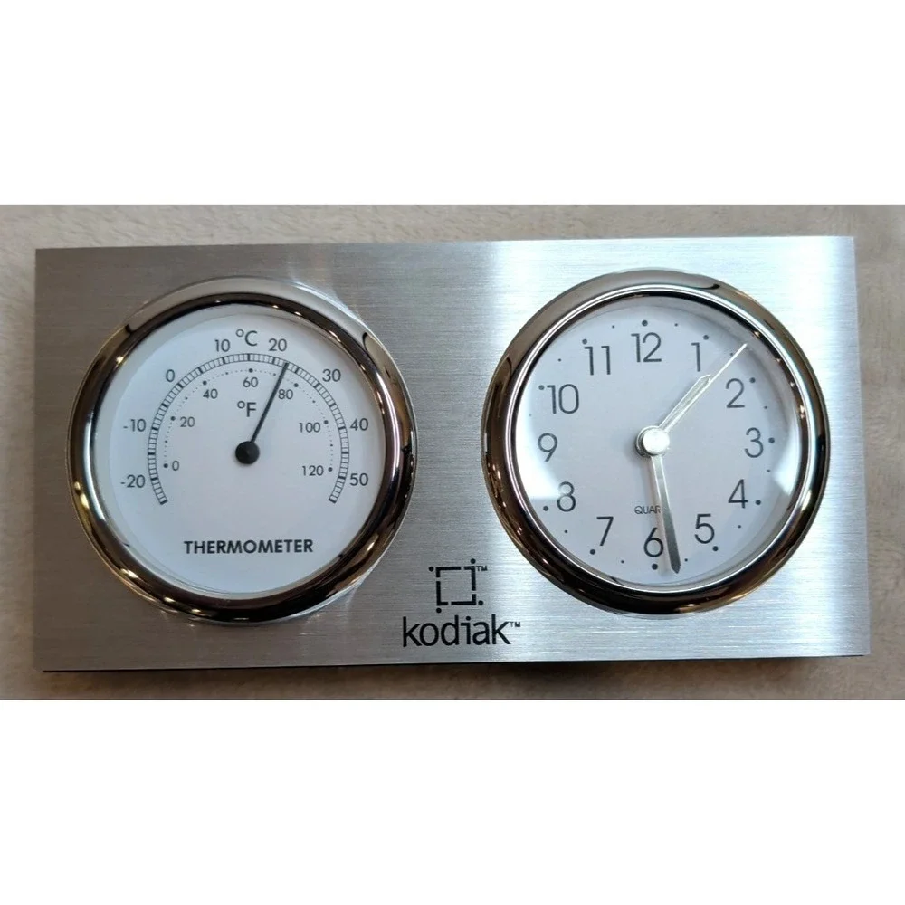 Kodiak Desk Clock Thermometer‎ Aluminum Dual Gauge Quartz Office Decor